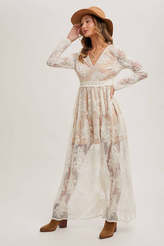 BOHO FLORAL LACE V-NECK MAXI DRESS WITH LINING: ECRU / M