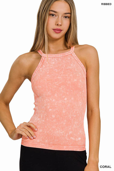 ..SI-25777 Washed Rib Seamless Cami Halter Neck Top: ASH PINK-164342 / S/M