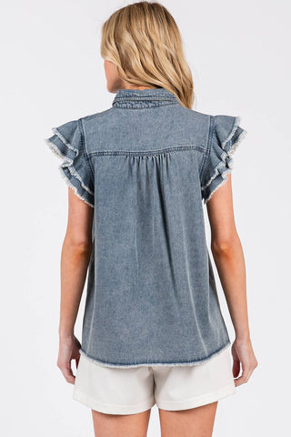 WASHED DENIM RUFFLE SHORT SLEEVE COLLARED SHIRT