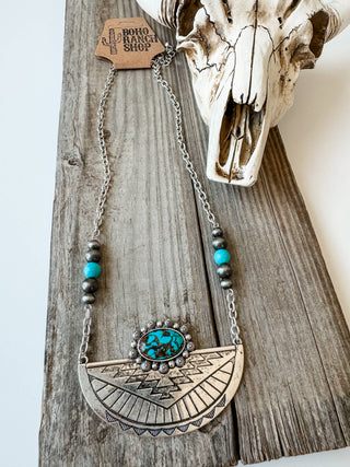 Western Aztec Style Turquoise Stone Pendant Necklace 