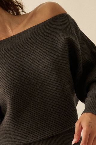 Rib-Knit One-Shoulder Dolman Midi Sweater Dress