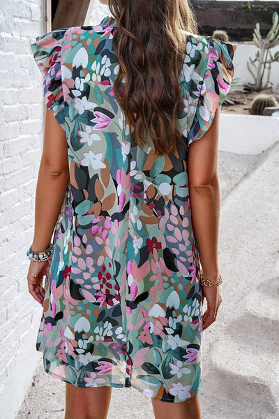 Floral Print Ruffled Sleeveless Dress for Summer: Green / S