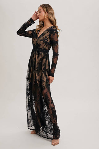 BOHO FLORAL LACE V-NECK MAXI DRESS WITH LINING: ECRU / M