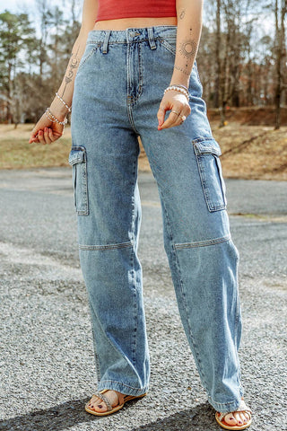 Sky Blue Cool Cargo Style Wide Leg Jeans: Sky Blue / 12 / 71.5%Cotton+25%Polyester+2%Viscose+1.5%Elastane