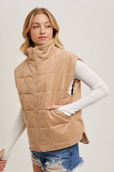 CORDUROY QUILTED PUFFER VEST: ECRU / S