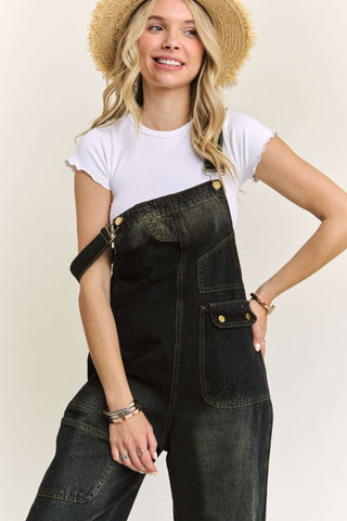 LEJP3648- WASHED DENIM CASUAL OVERALLS: DENIM BLACK / M