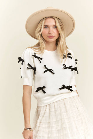 LESW3666 - LOVELY BOW SWEATER TOP: WHITE / L