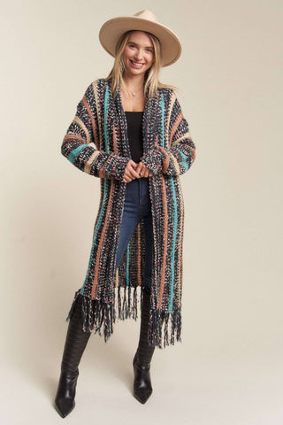 LESW3380- FRINGE HEM MULTI STRIPE CARDIGAN: BEIGE / M