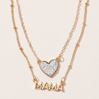 Mama Pendant & Druzy Stone Heart Set Necklace: Gold / One / BNE3093