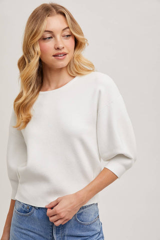 PUFFED 3/4 SLEEVED KNIT SWEATER TOP: LATTE / M