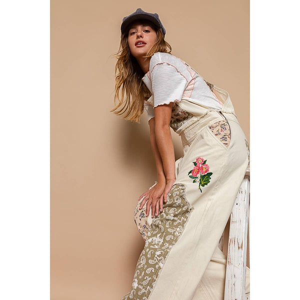 Floral patchwork embroidery overall: M / STRIPE DENIM