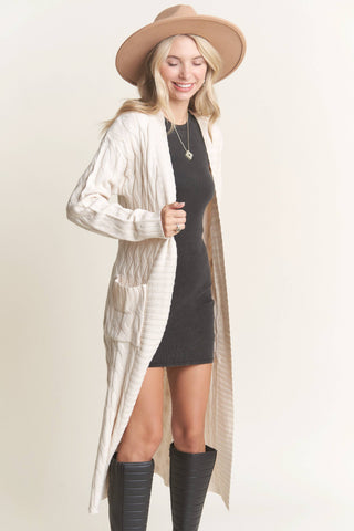 LESW3774 - CABLE KNIT COZY SWEATER CARDIGAN: NATURAL OFF WHITE / L