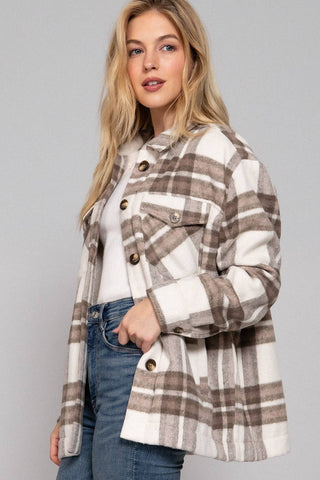 Long Sleeve Inside Faux Fur Brushed Plaid Jacket