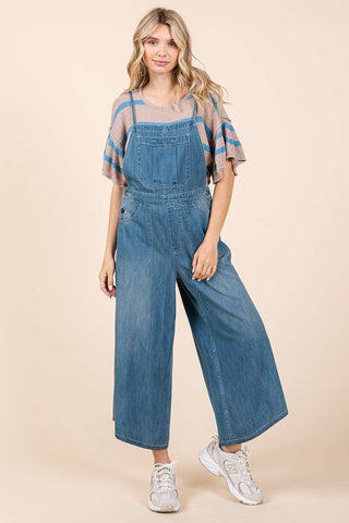DENIM TIE BACK SLEEVELESS WIDE LEG OVERALLS