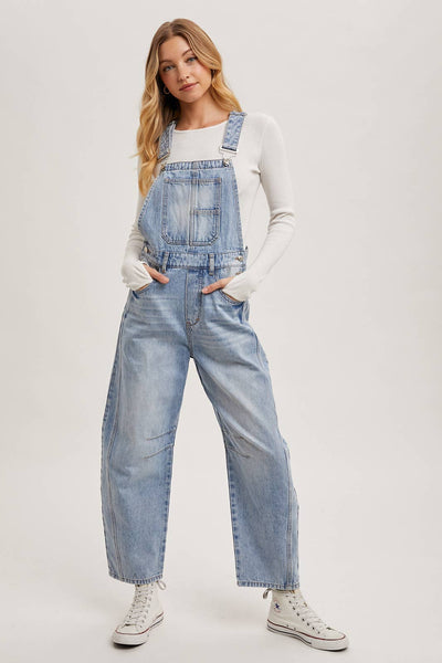 DENIM BARREL OVERALLS: DK.WASH / L