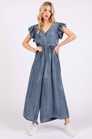 WASHED CHAMBRAY RUFFLE SLEEVE WIDE LEG JUMPSUIT