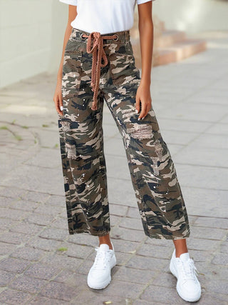 Camouflage Print Splashed Distressed Loose Denim Pants
