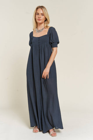 Smoked Neck WIDE LEG JUMPSUIT - JJS5034 (Plus available): NAVY / XL