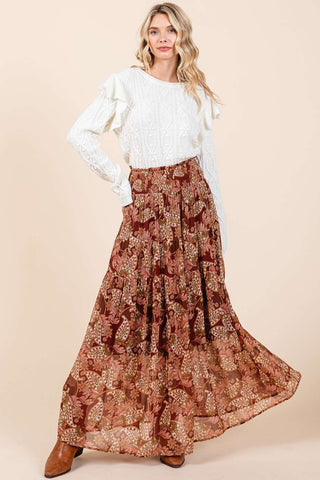 BOHO PAISLEY PRINT SMOCKED WAIST MAXI SKIRT: RED BROWN / L