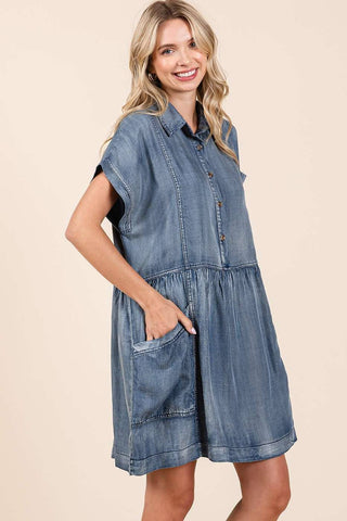 WASHED CHAMBRAY PATCH POCKET SHIRT MINI DRESS: DARK DENIM / L