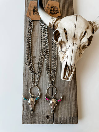 Western Steer Longhorn 2 Layered Chain Necklace: TURQUOISE