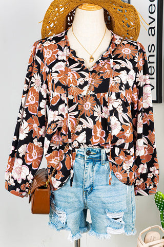 Fashion-W Flower Print Long Sleeve Babydoll Blouse*S-XL: AS SHOWN / Missy / M