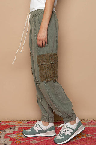 Tie waistband contrast crochet cargo pockets denim joggers: S / DENIM