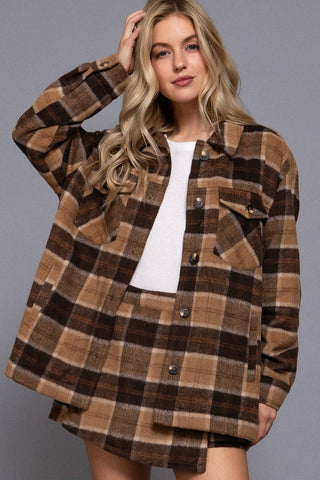 Long Sleeve Inside Faux Fur Brushed Plaid Jacket