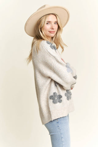 LESW3591X - PLUS PUFF FLOWER COMFY SWEATER: BEIGE / 1XL