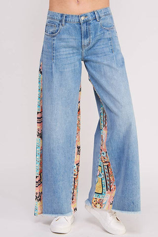 MID RISE PAISLEY PRINT PATCHWORK STRAIGHT LEG PANT: DENIM / XL