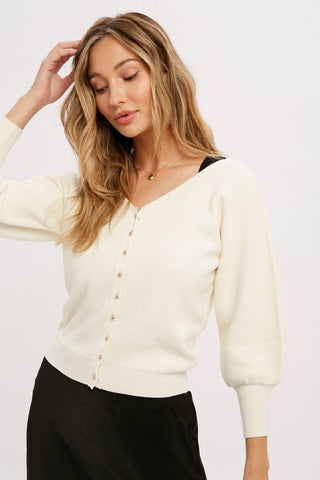 V-NECK BUTTON UP PULLOVER: CREAM / M