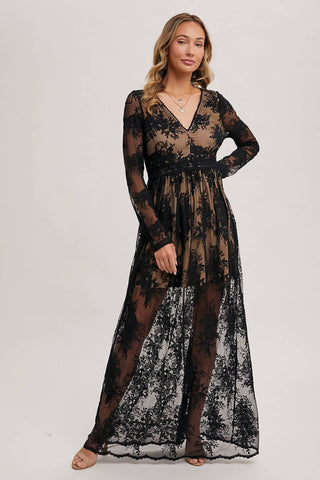 BOHO FLORAL LACE V-NECK MAXI DRESS WITH LINING: ECRU / M