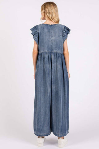 WASHED CHAMBRAY RUFFLE SLEEVE WIDE LEG JUMPSUIT