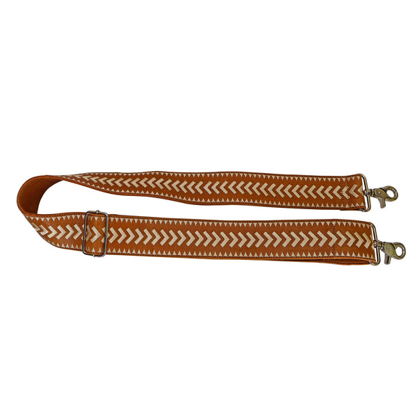 Archer Handcrafted Wide Leather Embroidered Shoulder Strap: Cognac