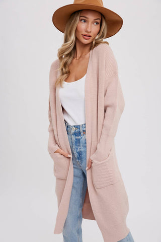 RIBBED OPEN FRONT CARDIGAN: BLUSH / M/L