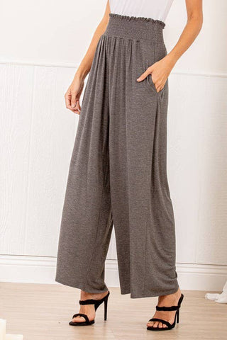 SP1123-10 FOLD OVER WIDE LEG SOLID PANTS WITH SMOCKED: 2-2-2 (1X-2X-3X) / CHARCOAL