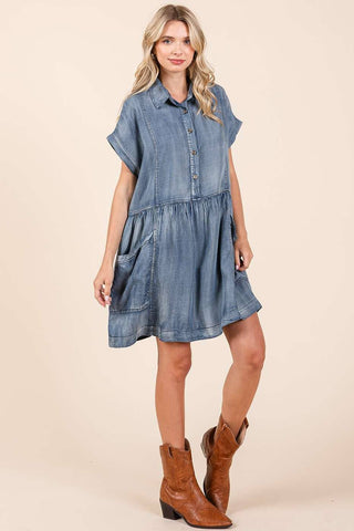 WASHED CHAMBRAY PATCH POCKET SHIRT MINI DRESS: DARK DENIM / L