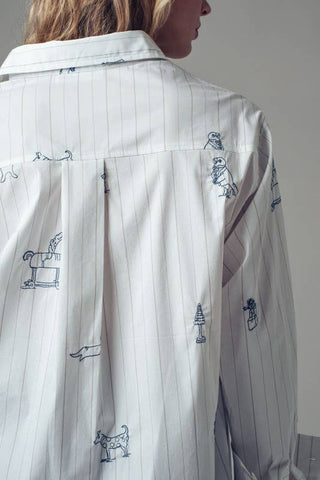 Playful Embroidered Animal Stripe Button-up Shirt