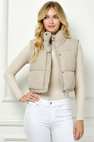 Lightweig Padded Crop Puffer Vest, Sleeveless Puffer Vest: Khaki / L