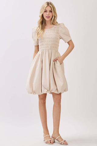 ROUND NECK SMOCKED BODICE SHORT PUFF SLEEVE DRESS - VD6101