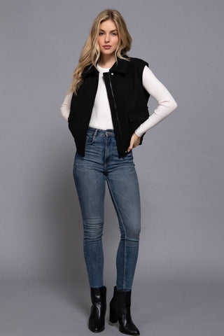 Notched Collar Soft Felt Zip Up Vest
