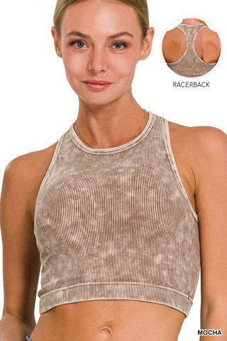 ....WASHED RIBBED SEAMLESS HIGH-NECK CROPPED TANK: L/XL / MOCHA-162192