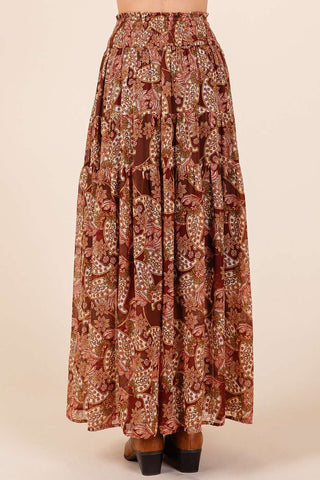 BOHO PAISLEY PRINT SMOCKED WAIST MAXI SKIRT: RED BROWN / L