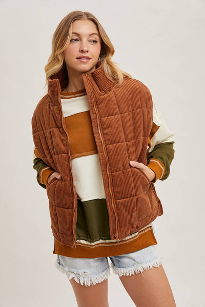 CORDUROY QUILTED PUFFER VEST: ECRU / S