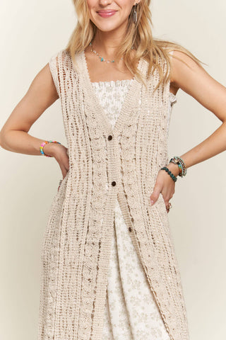 CEJ3614 - BUTTON DOWN CROCHET LONG CARDIGAN: BEIGE / M/L