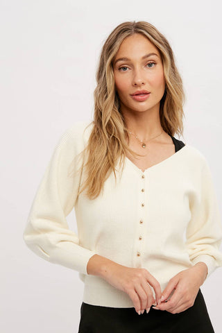 V-NECK BUTTON UP PULLOVER: CREAM / M