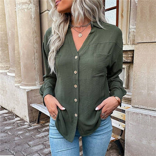 Army Green Casual Lapel Buttoned Blouse