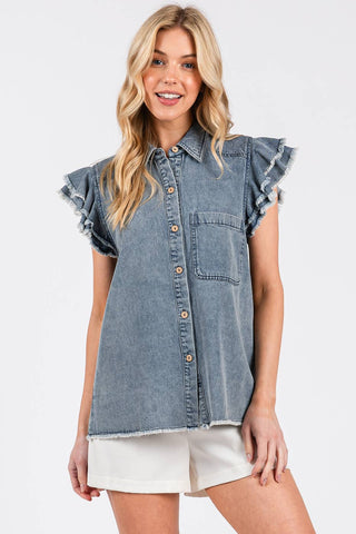 WASHED DENIM RUFFLE SHORT SLEEVE COLLARED SHIRT