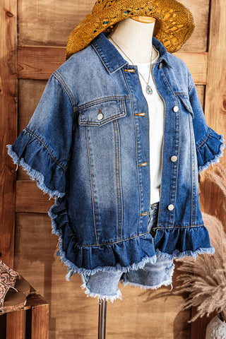 Western Fall Raw Edge Ruffle Short Sleeve Denim Jacket: As shown / Missy / L