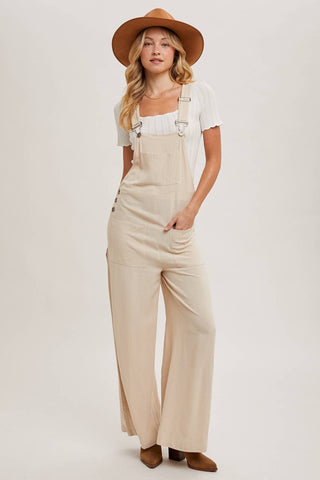 RELAXED WIDE LEG OVERALL JUMPSUIT: OATMEAL / L